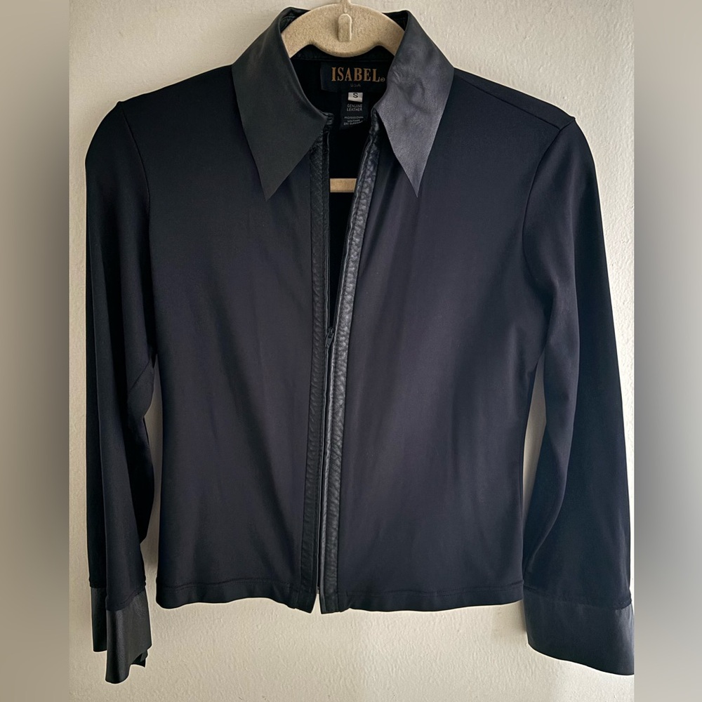 Vintage ISABEL Black on Black Genuine Leather Trimmed Zip front Top Size S